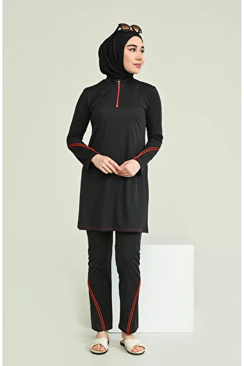 sefamerve Black Hijab Swimsuit - Zippered, Model 2212-02