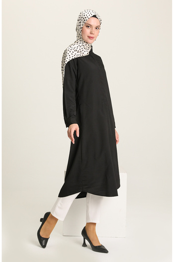 sefamerve Black Viscose Tunic - Pocket and Hidden Placket 6435-07
