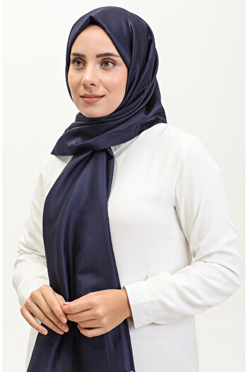 sefamerve Navy Blue Tasseled Taffeta Shawl - 1267-42
