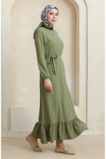 sefamerve Pistachio Green Elastic Sleeve Belt Dress - 1015-01
