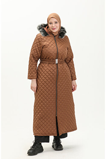 sefamerve Tan 6046-03 - Plus Size Fur Quilted Long Coat