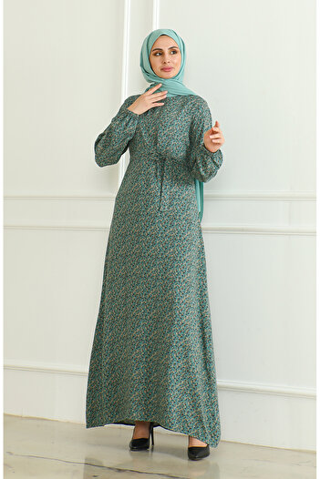 sefamerve Green Viscose Dress - Patterned and Belted 0508-01