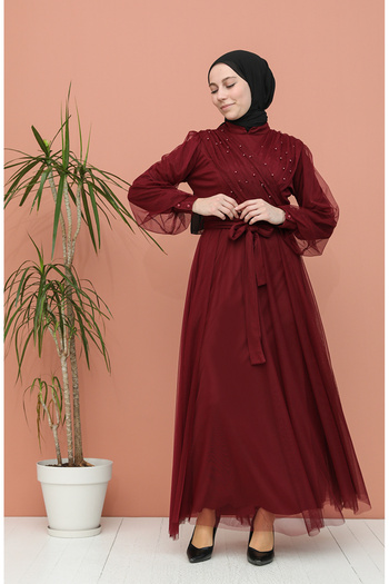 sefamerve Burgundy Pearl Tulle Evening Dress - 81778-04