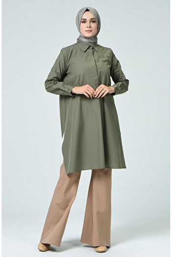 sefamerve Hidden Button Slit Tunic 6478-04 Khaki