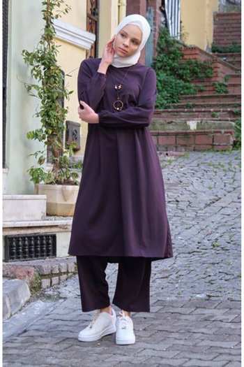 sefamerve Plum Necklace Tunic and Trousers Set - 0583-04