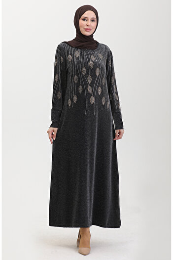 sefamerve Black Yellow Stone Detailed Evening Dress - 0430-02