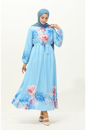 sefamerve Baby Blue Digital Printed Belted Dress - 1116-01
