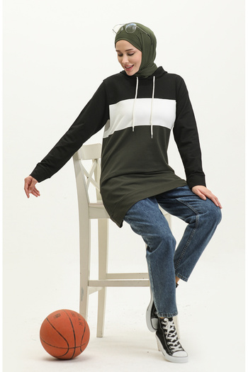 sefamerve Black Khaki Hooded Tunic - 23034-01