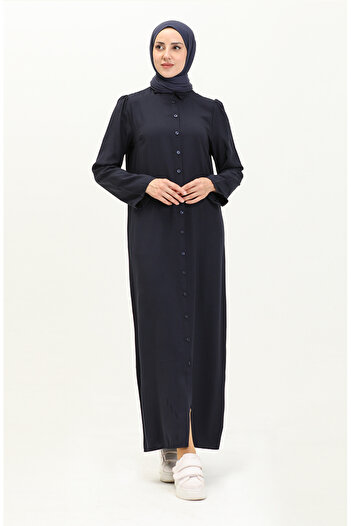 sefamerve Φόρεμα Navy Blue Viscose - Μανίκι με κορδόνι και κουμπιά 5109-03