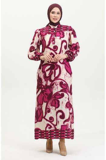 sefamerve Fuchsia Beige Viscose Dress - Half Buttoned, Color Garnished 0396-02