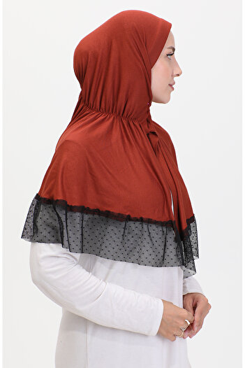 sefamerve Brick Color Tulle Detailed Practical Shawl - 1270-10