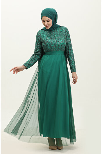 sefamerve Emerald Green Black Lace Belted Evening Dress - 5353A-03