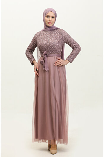 sefamerve Lilac Purple Lace and Belted Evening Dress - 5353A-21