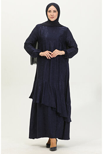 sefamerve Navy Blue Flounce Detailed Jacquard Dress - 81866-04