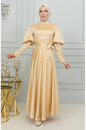 sefamerve Cup Evening Dress - Sleeve Detailed, Gold 6084-03
