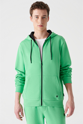 Avva Men's Neon Green Zippered Hooded Sweatshirt E 001019