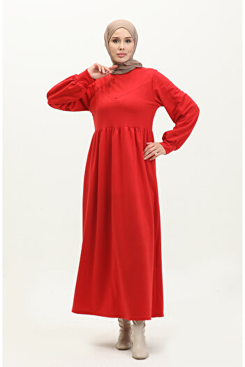 sefamerve Claret Red Straight Dress - Gathered Waist, Model 0281-06