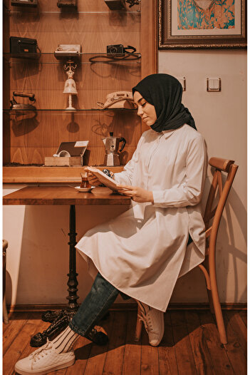 sefamerve White Tunic with Hidden Buttons and Slits 6478-08