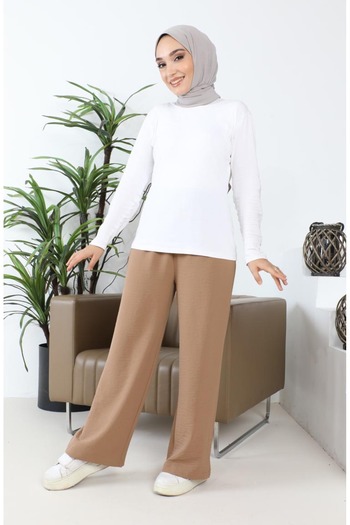 sefamerve Dark Mink Aerobin Fabric - Wide Leg Trousers 1006-37