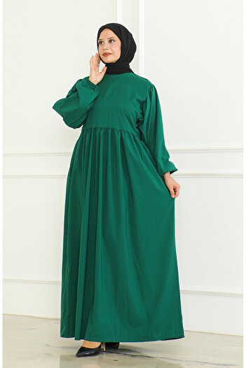 sefamerve Emerald Green Gathered Waist Dress - 0474-05