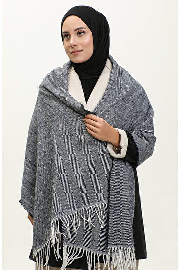 sefamerve Navy Blue Plain Acrylic Shoulder Shawl - 2063-05