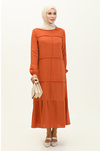 sefamerve Brick Color Aerobin Gathered Dress - 6595-06