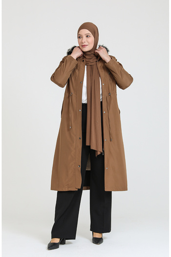 sefamerve Tan Bondit Fabric - Zippered Large Size Coat 11455-04