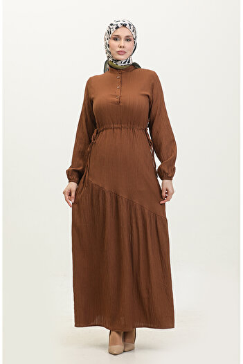sefamerve Tan 0363-04 Model Side Tie Gathered Dress