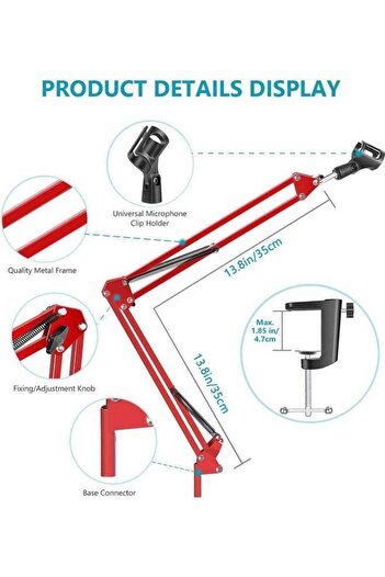 fulina Microphone Stand Desk Adjustable Compact and Telescopic Suspension Boom Scissor Arm,Red