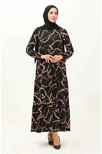 sefamerve Black Chain Patterned Dress - 1707-01