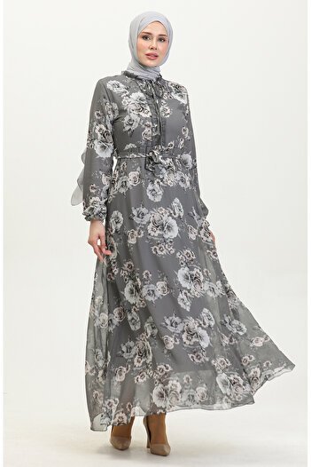 sefamerve Gray Chiffon Dress - Rose Pattern and Belted 81832-06