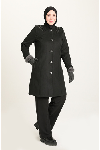 sefamerve Black Plus Size Cashmere Coat - 0416-01