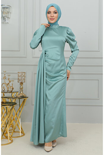 sefamerve Green Satin Evening Dress with Pleat Detail, Model 6154-03