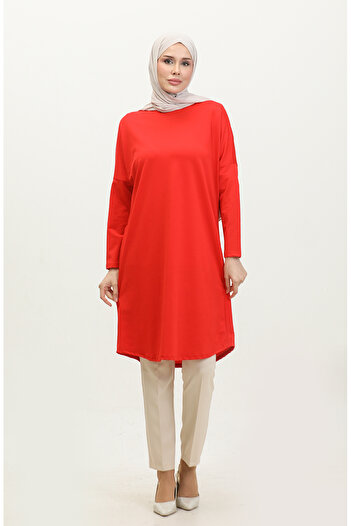 sefamerve Red Crepe Tunic - Bat Sleeve, Seasonal, 8707-01