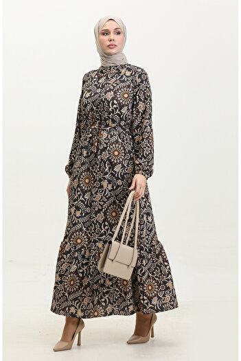 sefamerve Black Patterned and Belted Dress - 0364-04