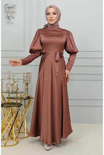 sefamerve Brown Sleeve Detailed Cup Evening Dress - 6084-02