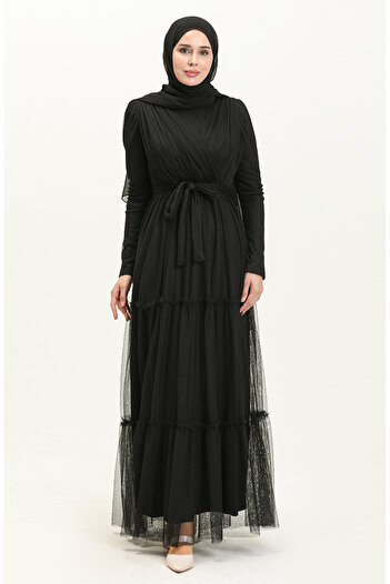 sefamerve Black Pleated Tulle Evening Dress - 5562-06 Model