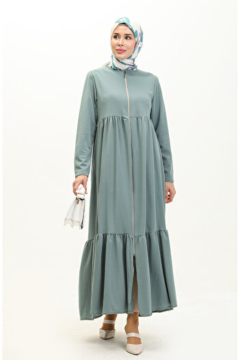 sefamerve Mint Green Zippered and Gathered Ferace - 0695-09