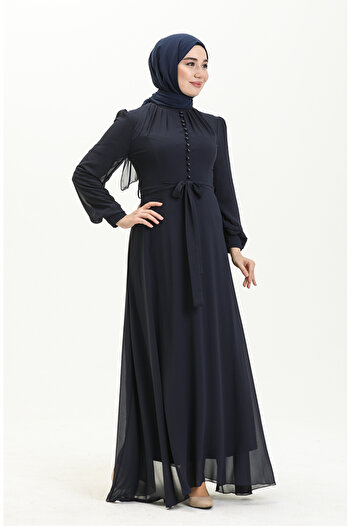 sefamerve Navy Blue Chiffon Evening Dress with Button Detail, Model 5695-11