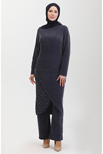 sefamerve Navy Blue Stoned Evening Dress Set - 0437-04