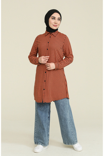 sefamerve Brick Color Plaid Viscose Tunic - 6561-04