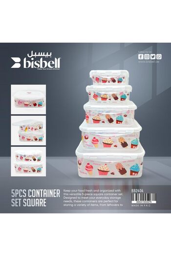 Generic Bisbell Square Food Storage Container Set, 5 Pieces with Cupcake Design,BB2404