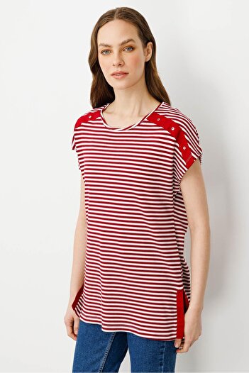 Desen Triko Women's Crew Neck Striped Cotton Combed T-Shirt Red