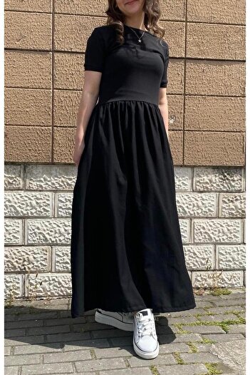 Neon Uzun Siyah Günlük Cepli Şık Elbise X/s/m/l Bedenleri