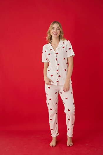 Lavint Homewear Set de pijamale din lycra din bumbac cu model de inimă