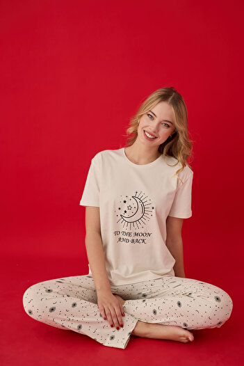 Lavint Homewear Set de pijamale pentru femei, 95% bumbac, 5% Lycra, cu model de lună și stele, cu formă confortabilă
