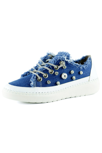 Erkan Saçmacı Valentina Blue Denim Crystal Stone Silver Lace-Up Sneaker