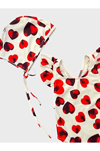 ALİŞ KİDS Girl's White Heart Patterned Cross Strap Ruffled Bonnet Swimsuit