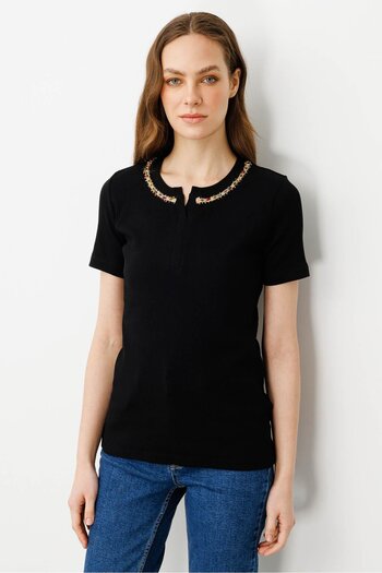 Desen Triko Women's Embroidered Collar Camisole Cotton T-Shirt Black