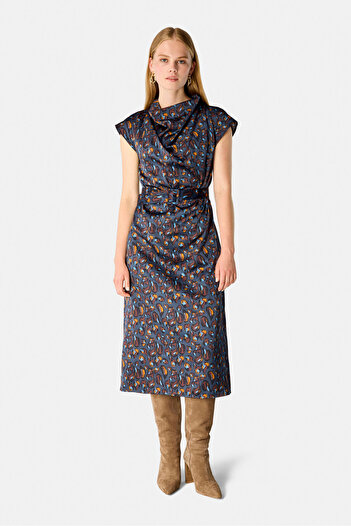 W Collection LACİVERT MİDİ DESENLİ ELBİSE